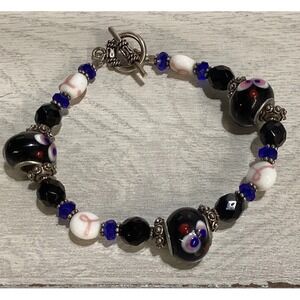 Silvertone Bracelet w/ Multicolor‎ Beaded Breast Cancer Awareness